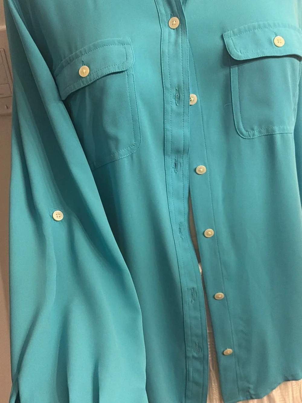 LOFT Turquoise Button-Front Collared Blouse - Picture 2 of 7